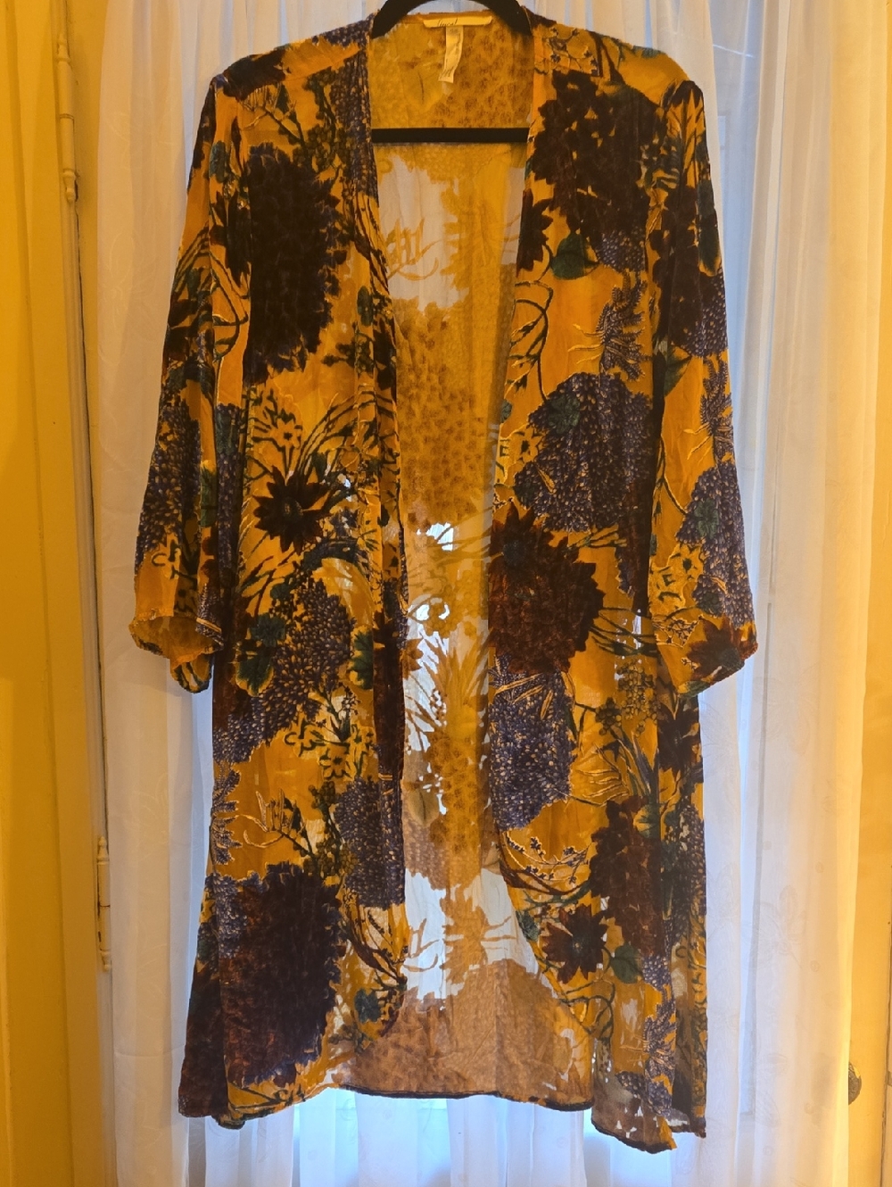 Floreat Mustard Floral Open-Front Kimono